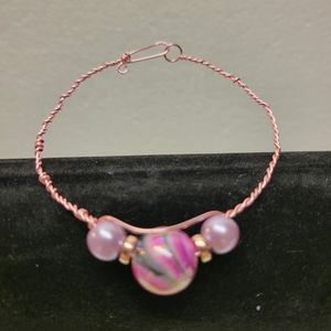 Rose Gold Wire and Pink Acrylic Bead Bangle Bracelet